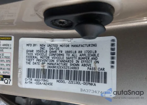 2005 Toyota Corolla Le z USA, uszkodzony, nr VIN 1NXBR32EX5Z514863